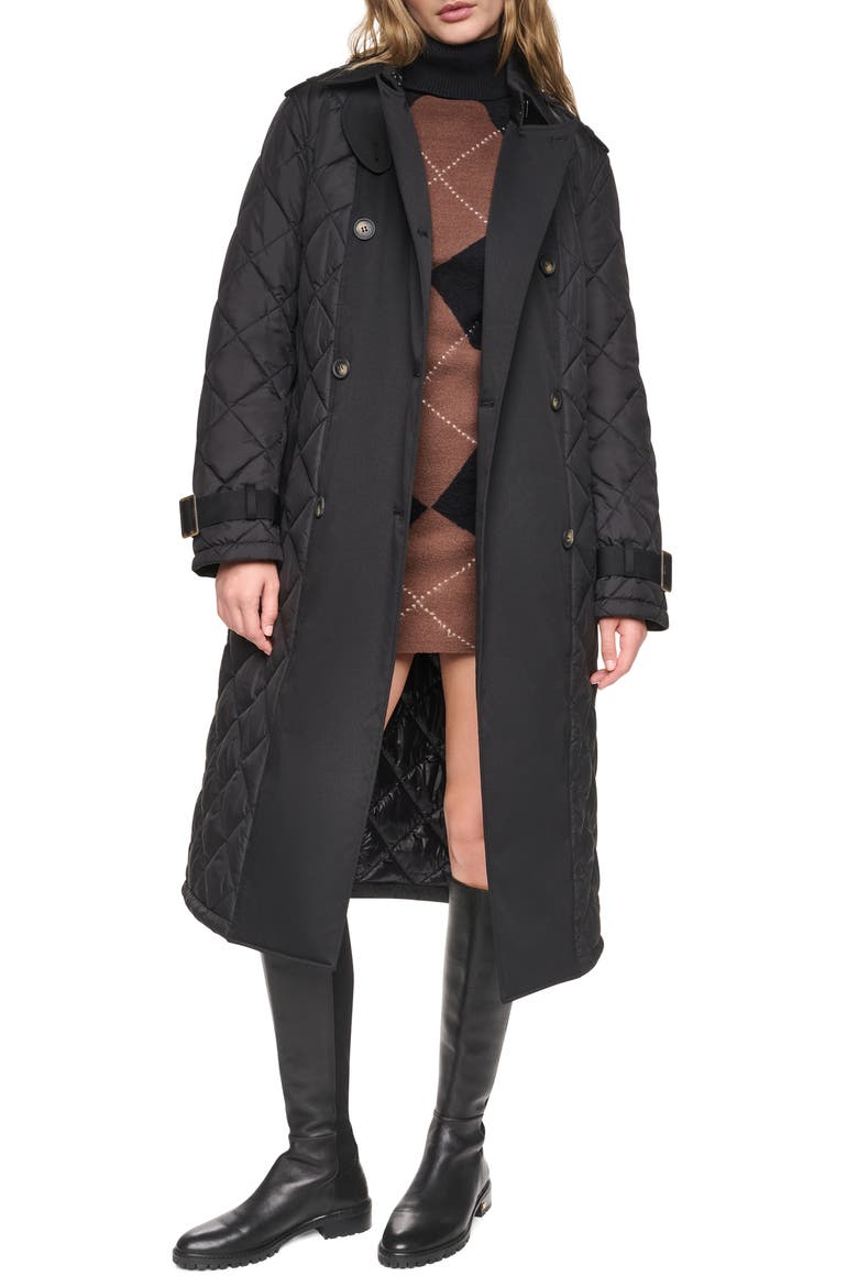 Quilted Double Breasted Trench Coat, Alternate, color, BLACK