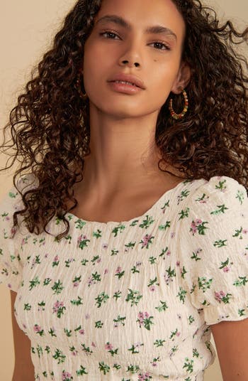 Ditsy Print Shirred Puff Sleeve Minidress