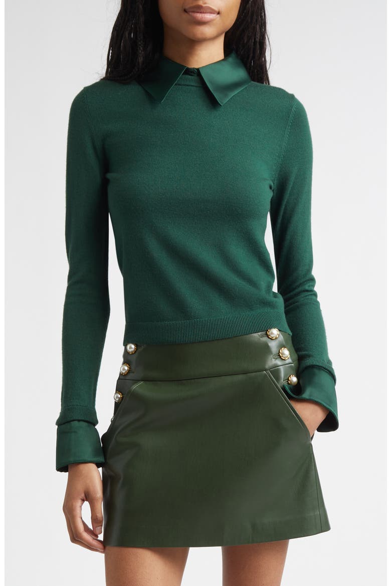 Porla Satin Trim Stretch Wool Sweater, Main, color, GREEN MYSTIQUE