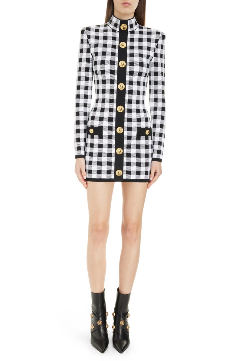 Balmain Gingham Button Front Long Sleeve Knit Minidress, Main, color,