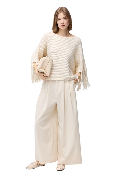 Women's Fringed Sleeve Cashmere Poncho White