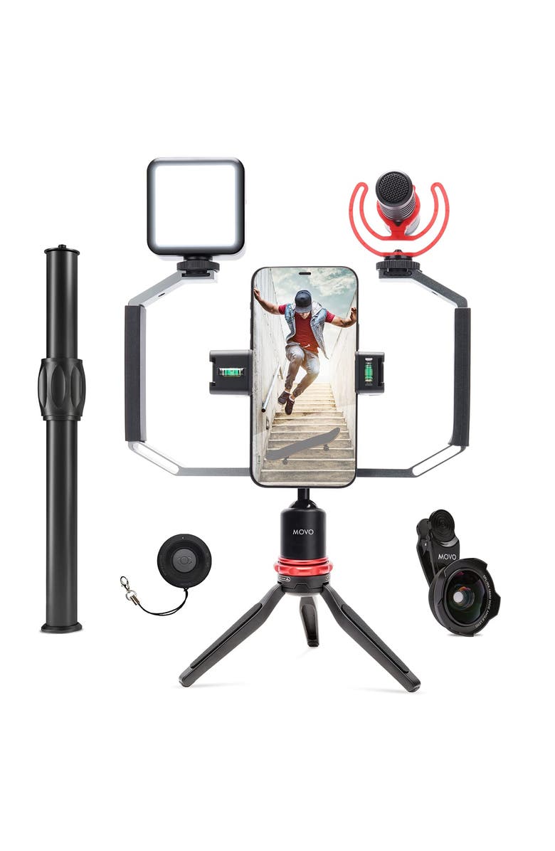 MOVO iVlog3 Smartphone Video Bundle with Microphone, Mini Tripod, LED Camera Light, Wide-Angle Lens, Main, color, Black