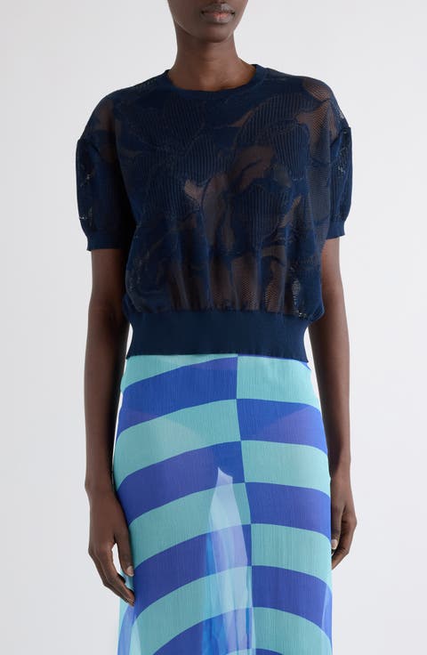 Floral Pattern Mixed Stitch Crewneck Sweater