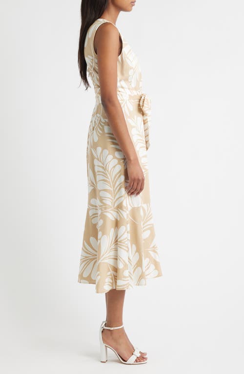 Anne Klein Leaf Print Sleeveless Midi Dress In Neutral