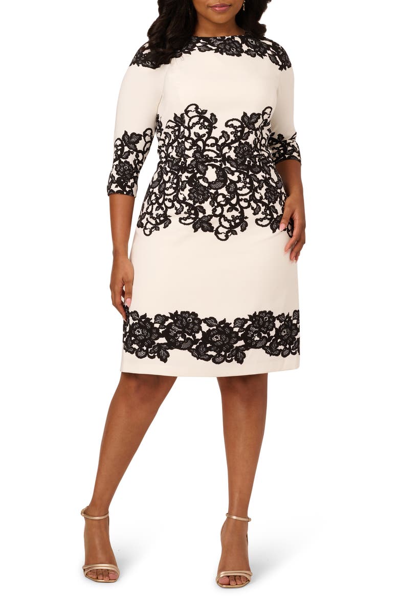 Adrianna Papell Scroll Lace Sheath Dress, Main, color, Ivory/ Black