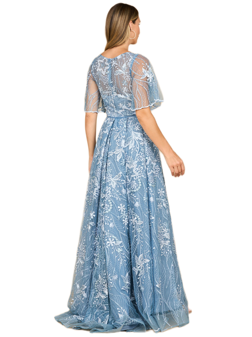 Lara New York Overskirt Lace Fitted V-neck Gown With Cape Sleeves In Blue