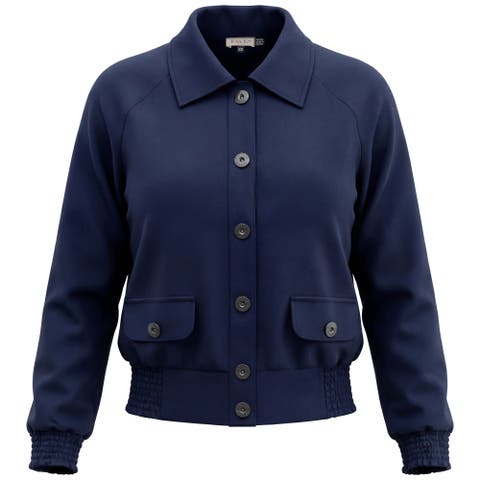 Smocked Button-Front Raglan Bomber Jacket