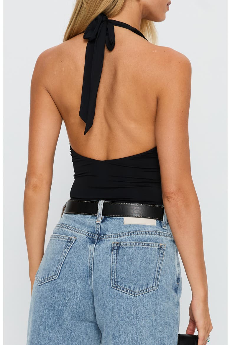 Kendrae Plunge Neck Halter Bodysuit, Alternate, color, BLACK