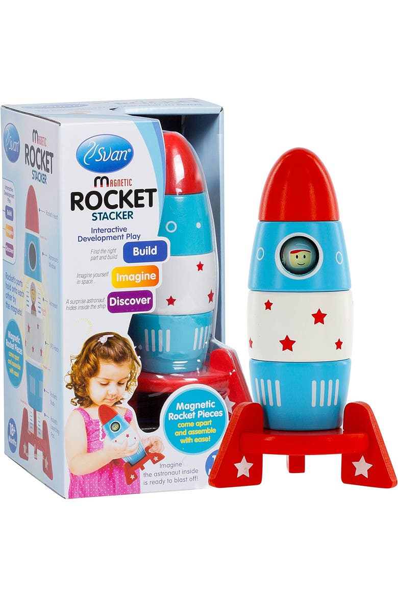 Wooden Stacker Toy Space Rocket- 6 Magnetic Stacking Pieces- Magnet Building Set, Main, color, None