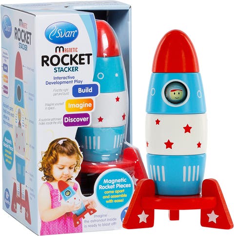 Wooden Stacker Toy Space Rocket- 6 Magnetic Stacking Pieces- Magnet Building Set