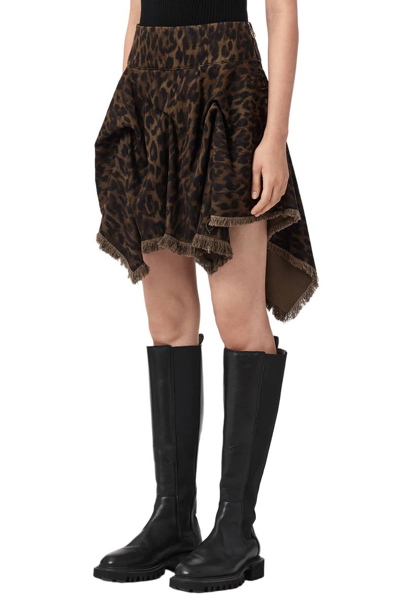 AllSaints Crissy Leopard Print Gathered Denim Skirt, Alternate, color, Leapord Brown