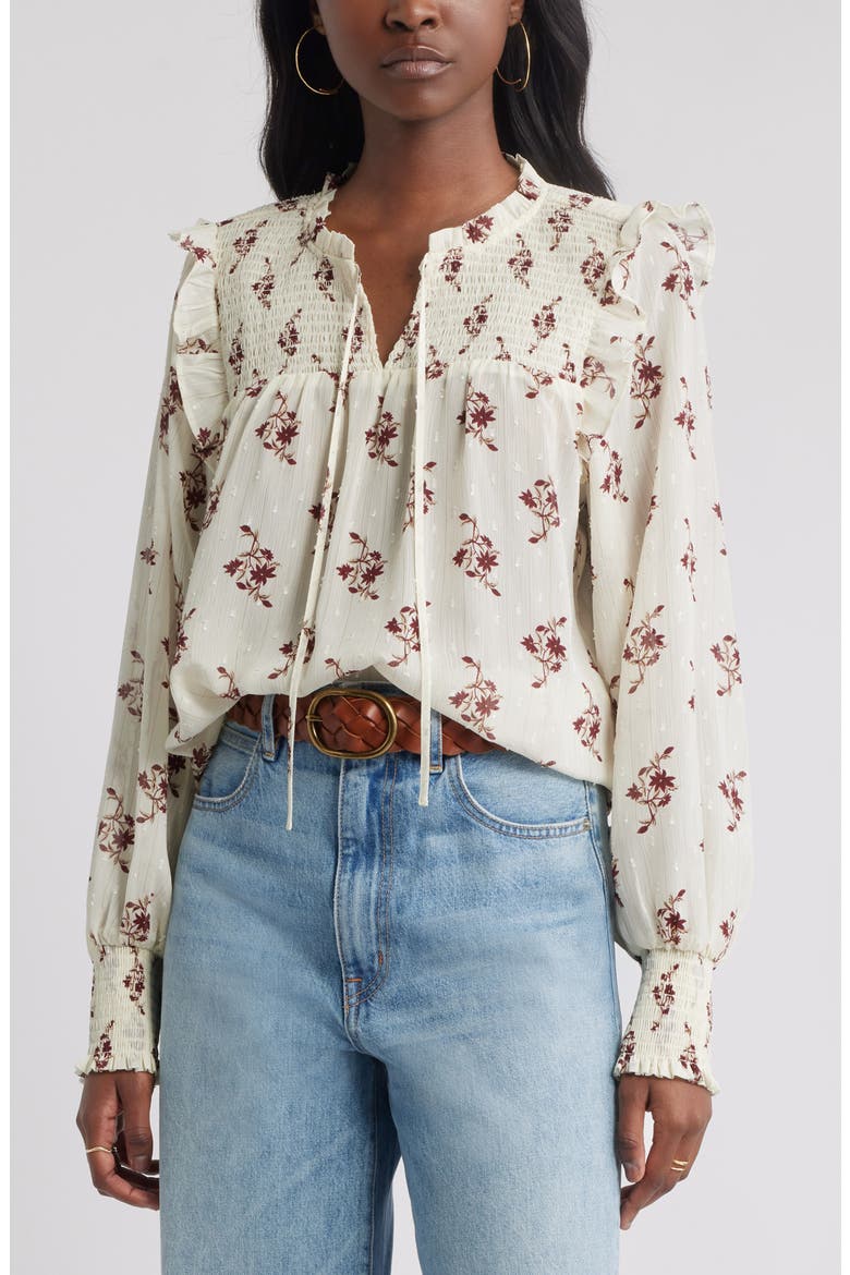 Smock Yoke Top, Main, color, IVORY- BURGUNDY BATIK FLORAL