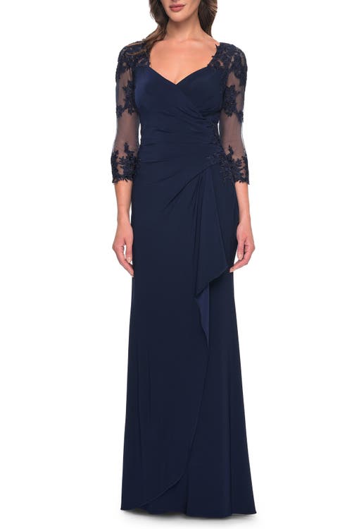 La Femme Lace And Net Jersey Gown With Illusion Sleeves In Navy