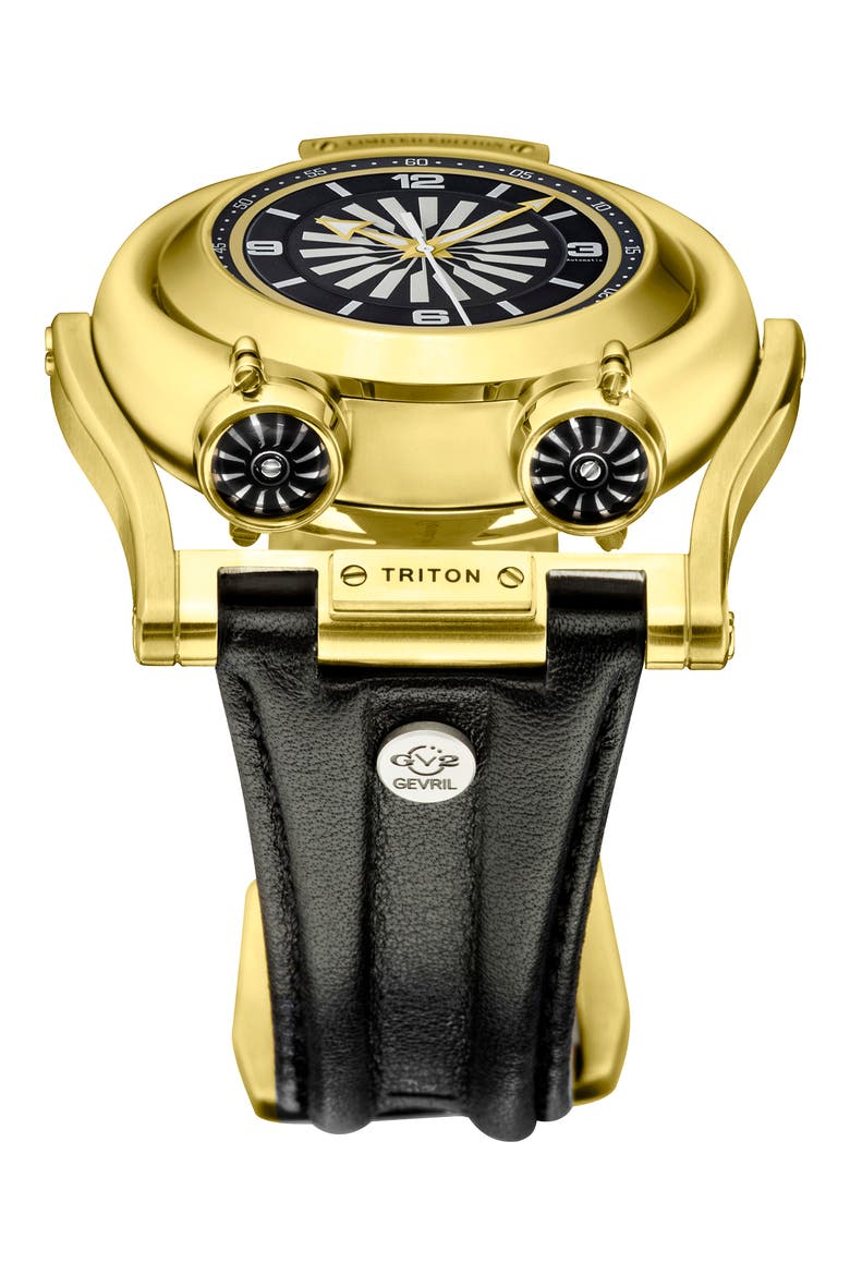 Triton Swiss Automatic Leather Strap Watch, 49mm, Alternate, color, BLACK