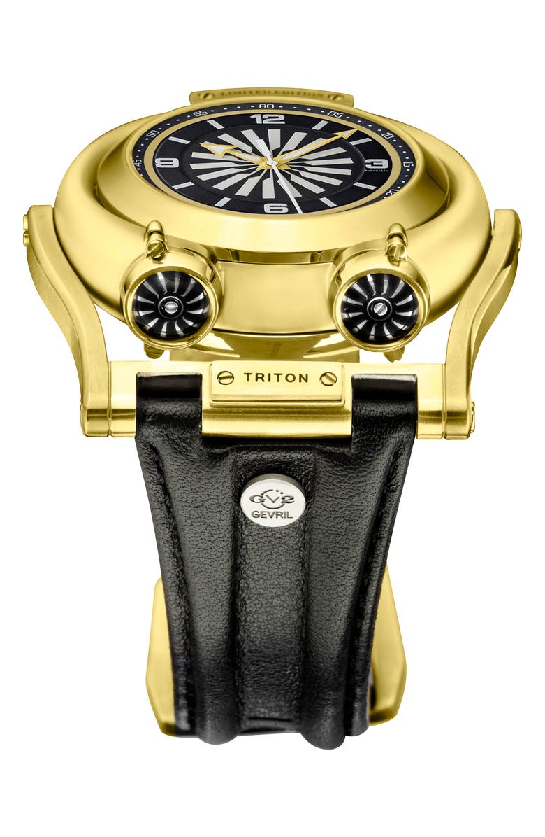 GV2 Triton Swiss Automatic Leather Strap Watch, 49mm, Alternate, color, Black