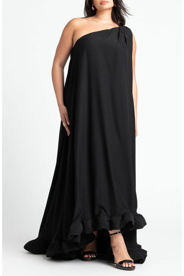 Dramatic One Shoulder Ruffle Gown, Main, color, BLACK ONYX