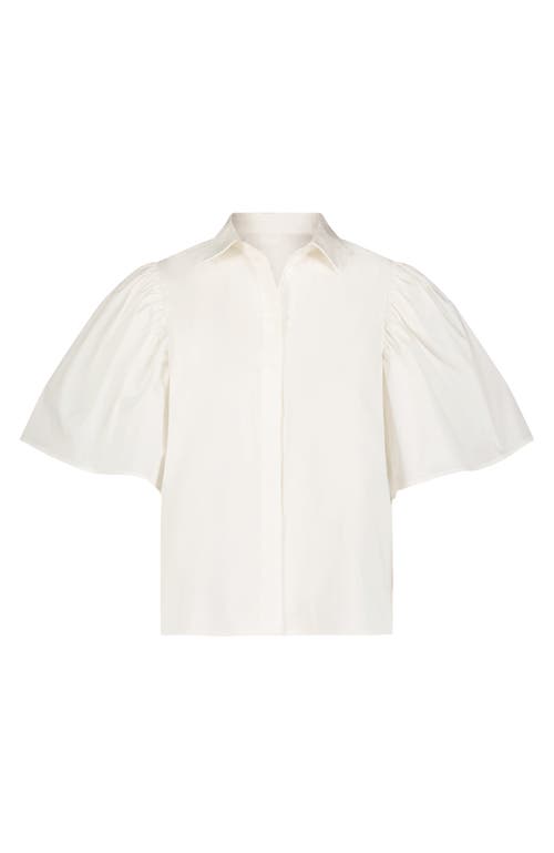 Mac Duggal Stretch Cotton Flare Ruffle Sleeve Button Up Top In White