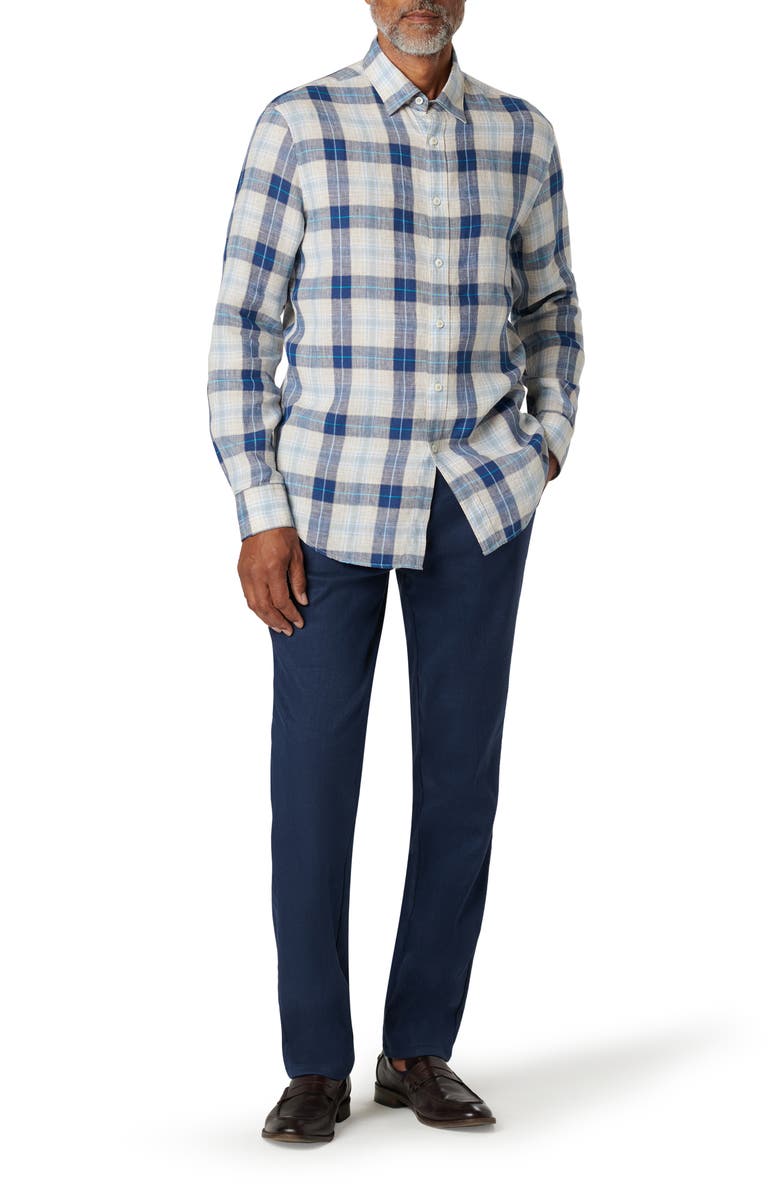 Bugatchi Julian Shaped Fit Plaid Linen Button-Up Shirt, Alternate, color, Sand