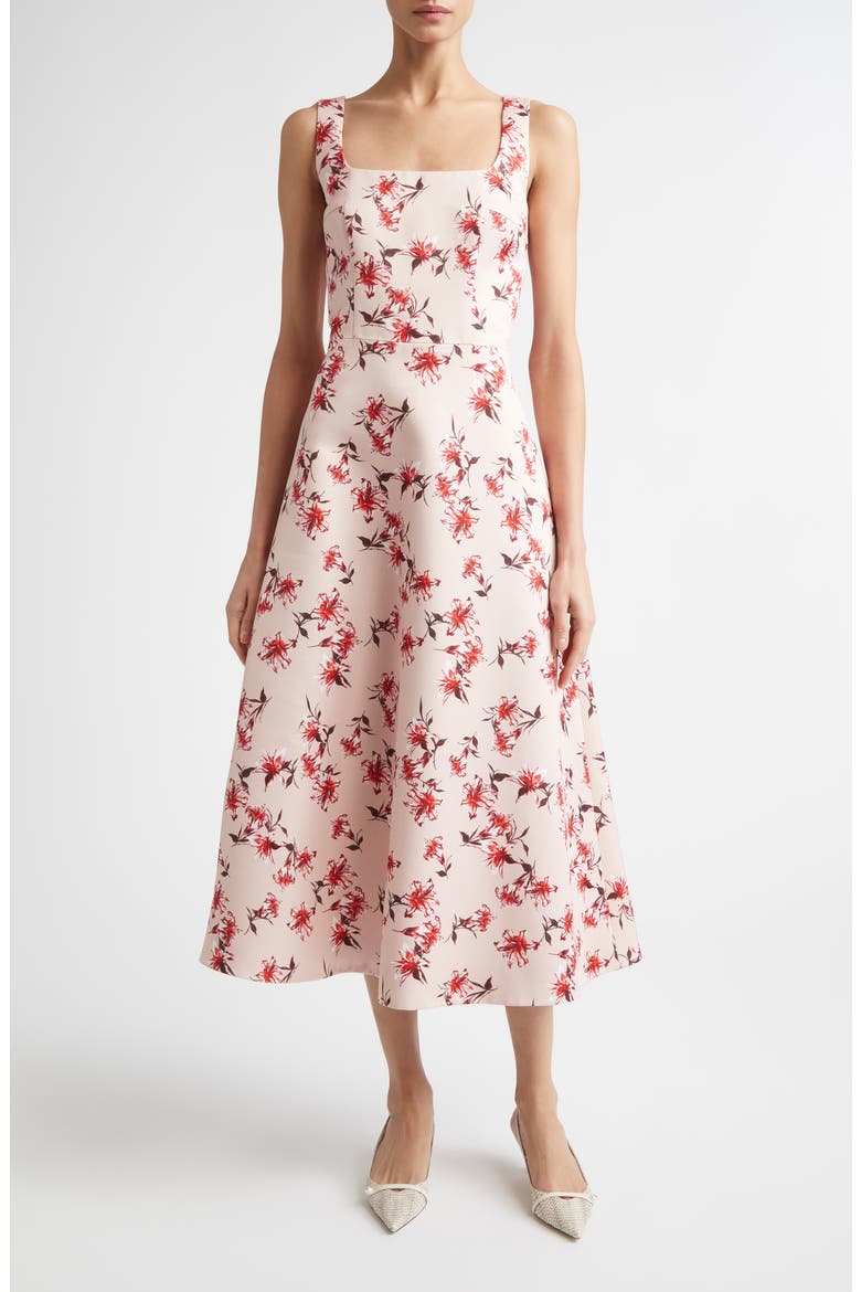 Shiloh Floral Faille Midi Dress, Main, color, SUMMER LILLIES RED ON PINK