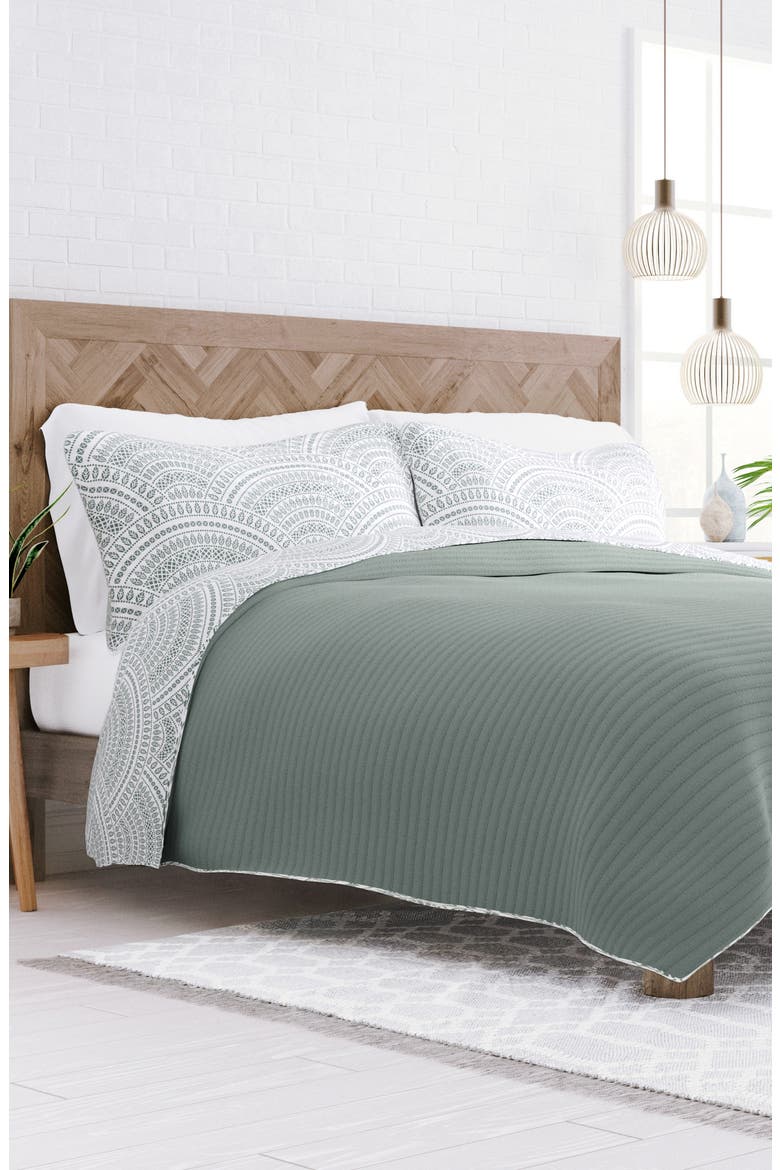 All Season Scalloped 3-Piece Down Alternative Reversible Quilt Set, Alternate, color, EUCALYPTUS