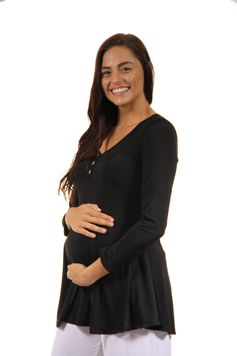 Flared Long Sleeve Henley Maternity Top, Alternate, color, Black