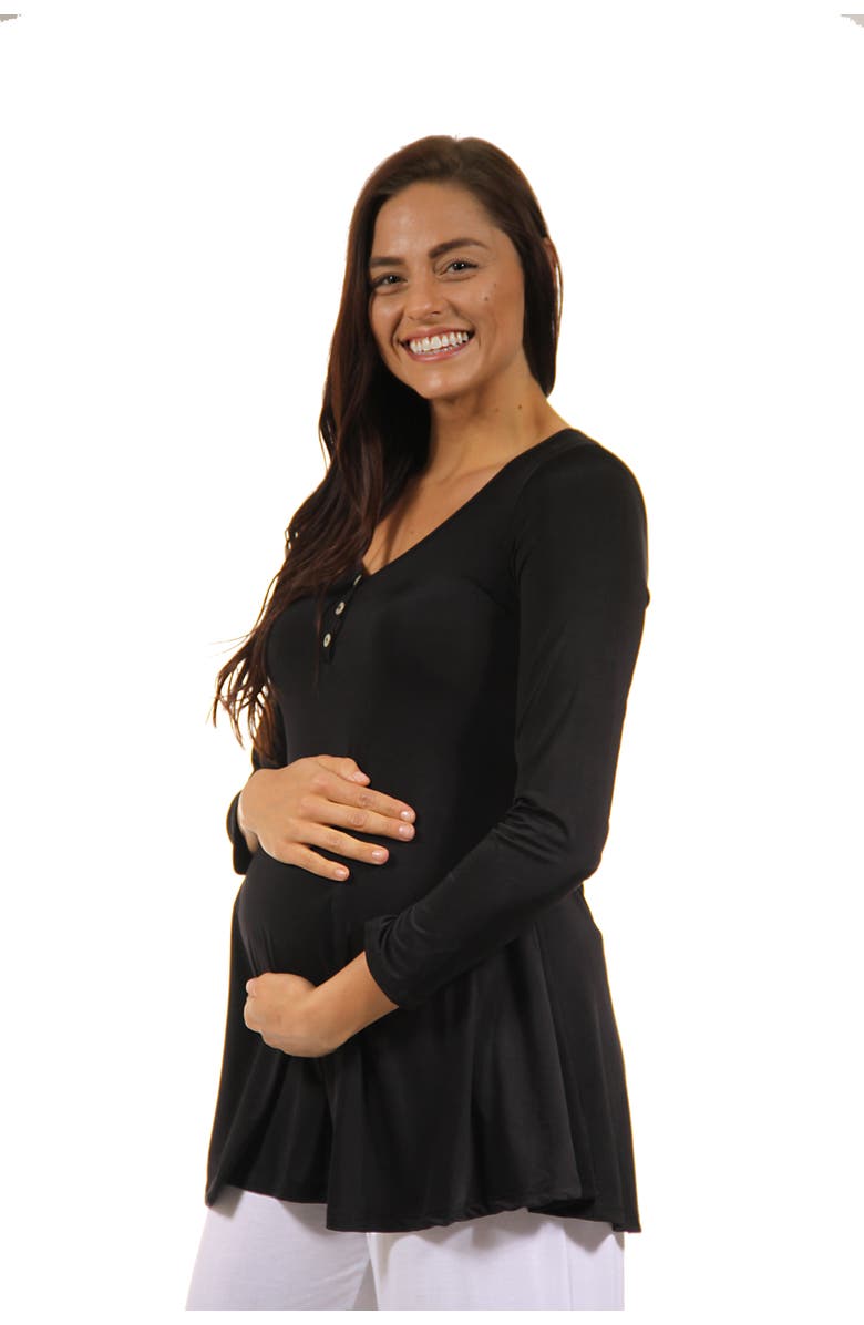 24seven Comfort Apparel Flared Long Sleeve Henley Maternity Top, Alternate, color, Black