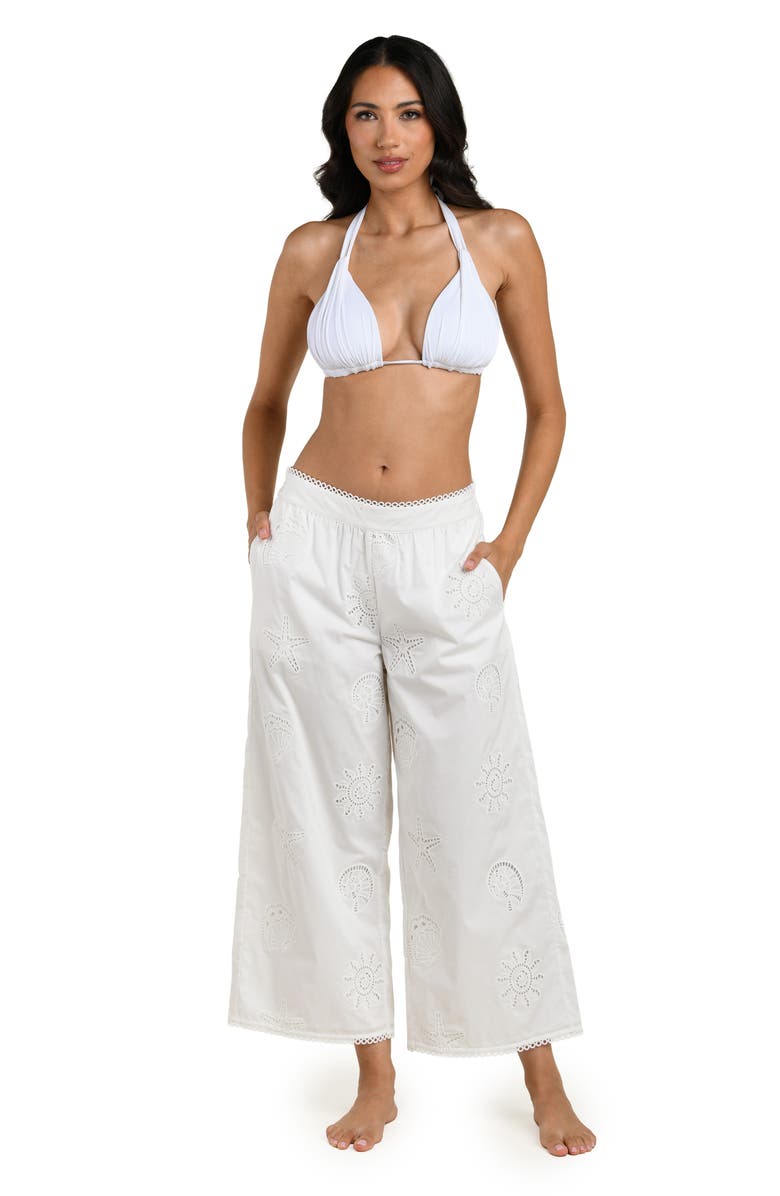 La Blanca Bayside Embroidered Wide Leg Stretch Cotton Ankle Cover-Up Pants, Alternate, color, White