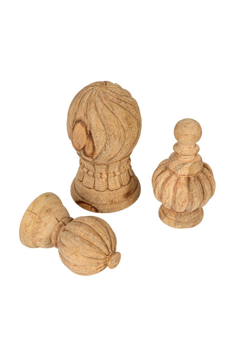 Storied Home Bleached Hand-Carved Mango Wood Finials, Set of 3, Main, color, 
