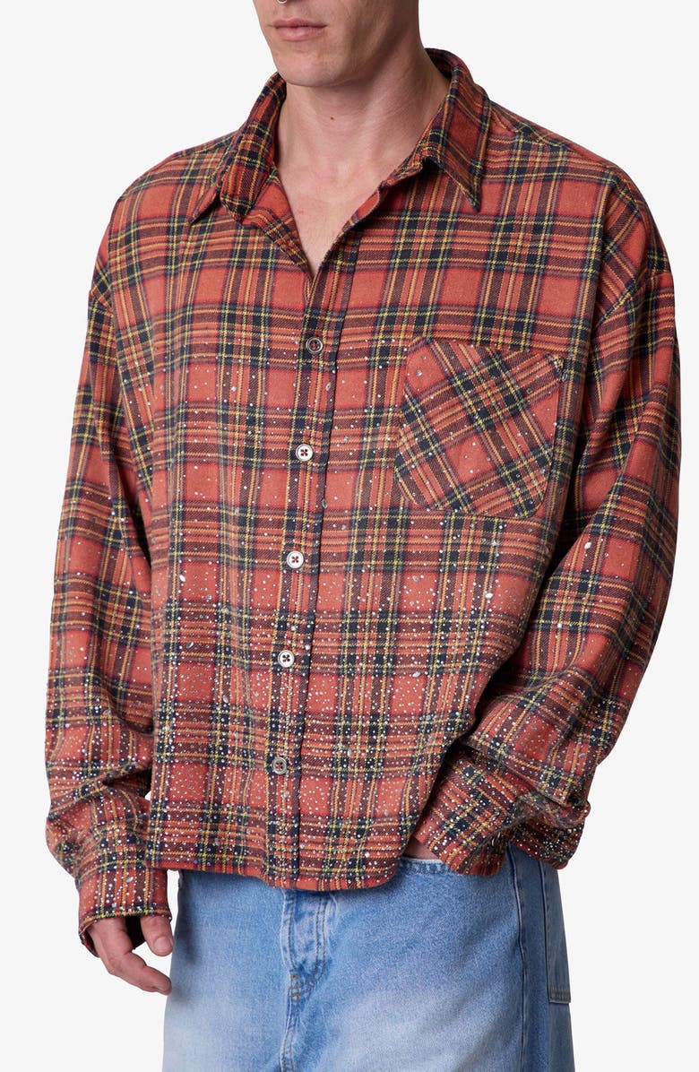 mnml Rhinestone Flannel Button-Up Shirt, Alternate, color, Red