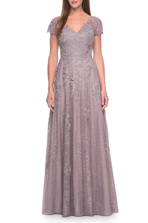 La Femme A-line Dress With Lace Applique And Sheer Short Sleeves In Dusty Lilac