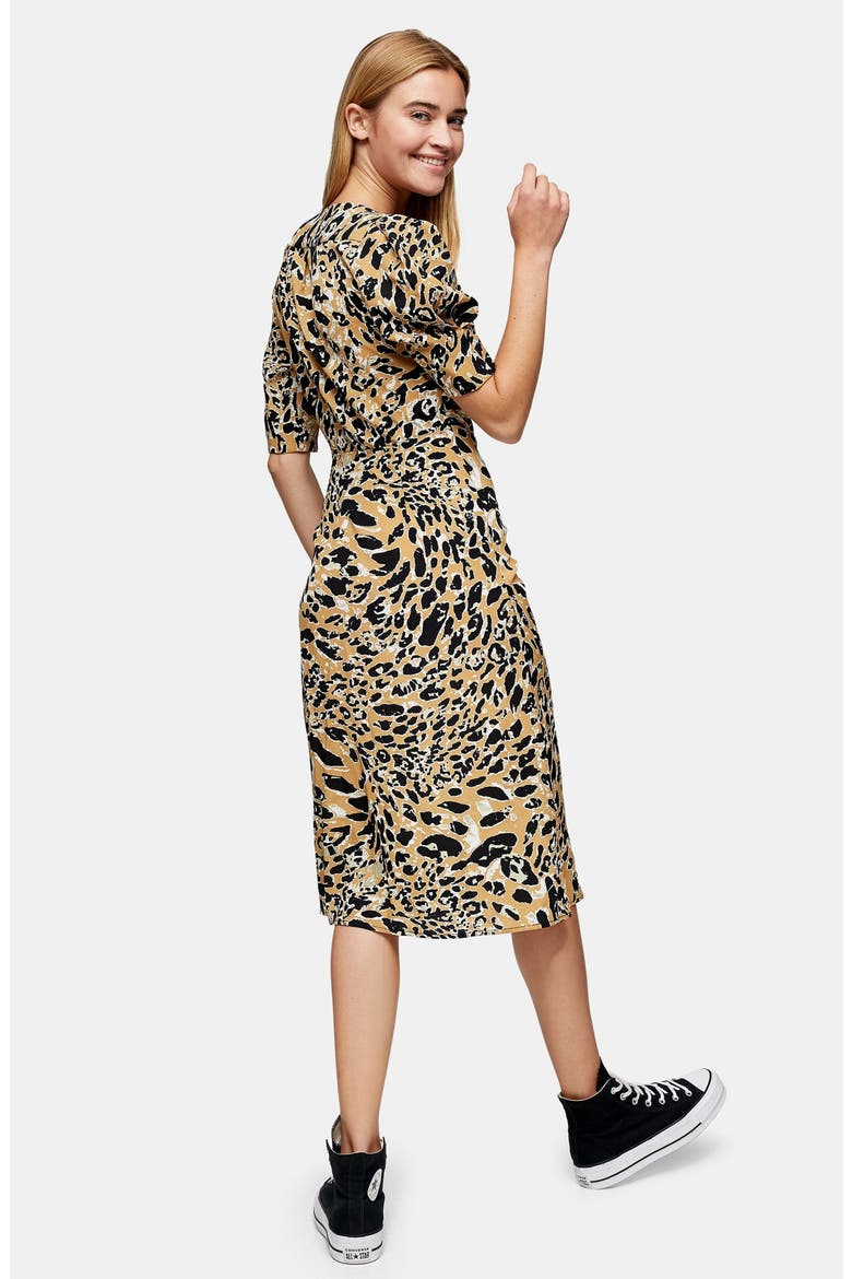 Leopard Print Mock Wrap Midi Dress, Alternate, color, BROWN MULTI