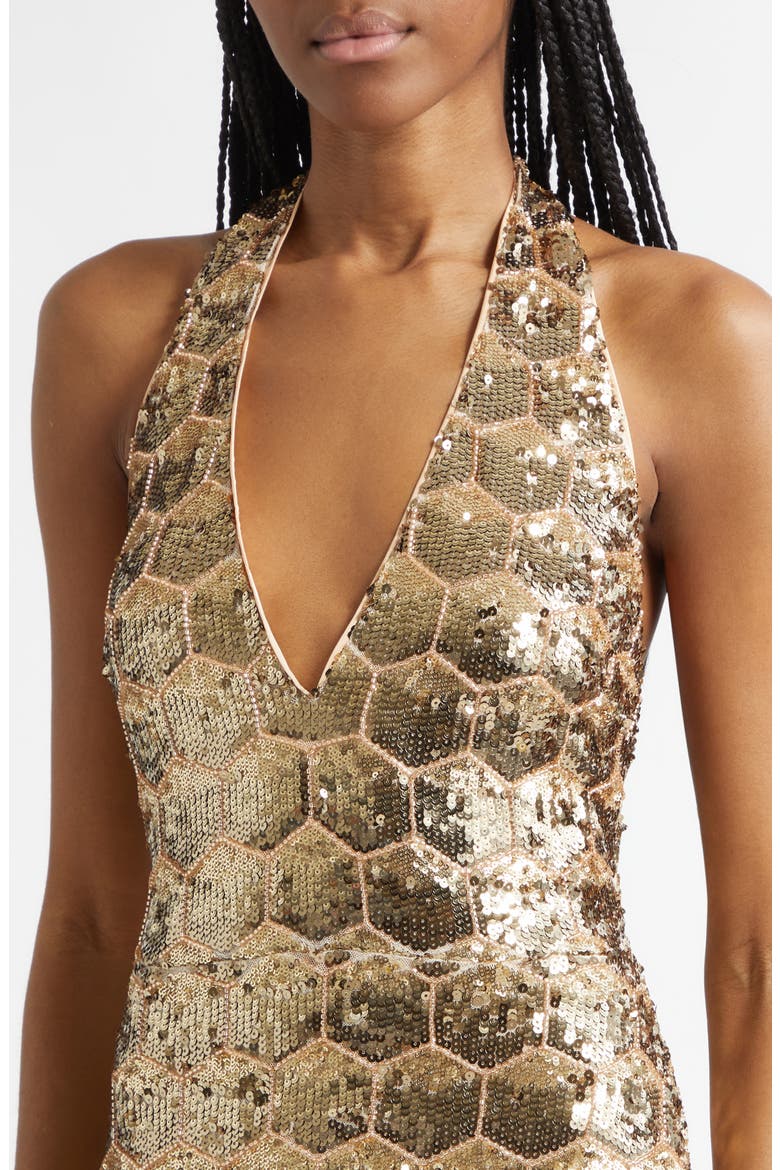 Shauna Sequin Halter Gown, Alternate, color, GOLD SEQUIN