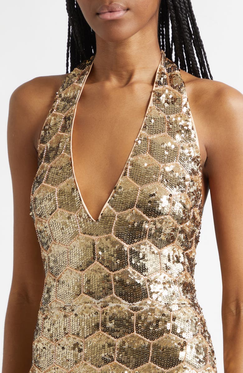 Ramy Brook Shauna Sequin Halter Gown, Alternate, color, Gold Sequin