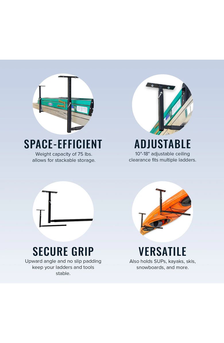 StoreYour Hi-Port 2 -Ladder Adjustable Ceiling Storage Rack -Single -Holds 75 lbs, Alternate, color, Black