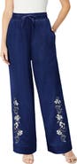Roaman's Plus Size Embroidered Pull On Wide Leg Chambray Pant
