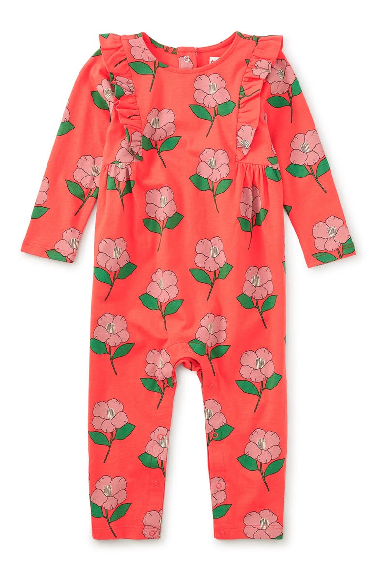 Tea Collection Ruffle Shoulder Baby Romper, Main, color, Winter Camellia