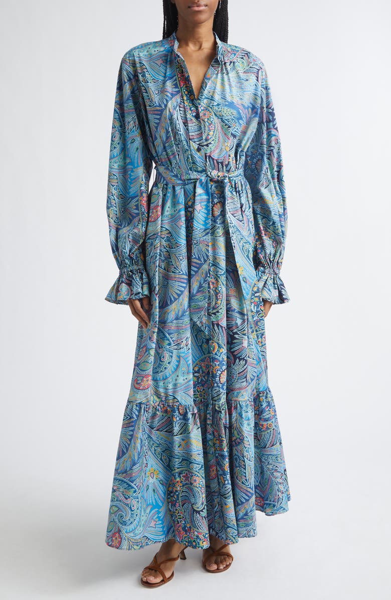 Etro Paisley Long Sleeve Maxi Dress, Main, color, Print On Blue Base