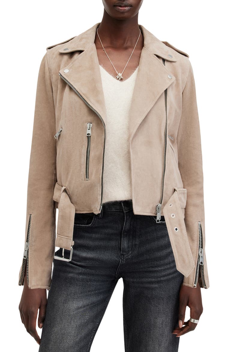 Suede Moto Jacket, Main, color, WARM TAUPE GREY
