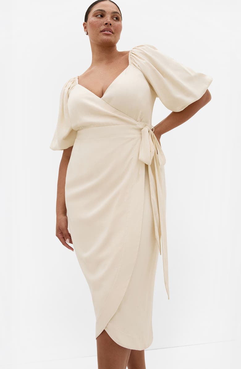 City Chic Claudine Faux Wrap Midi Dress, Alternate, color, Cream