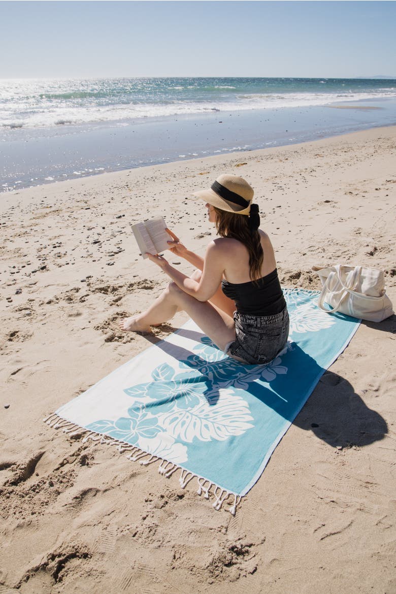 Hibiscus Flower Sand Resistant Organic Turkish Towel, Alternate, color, Aqua