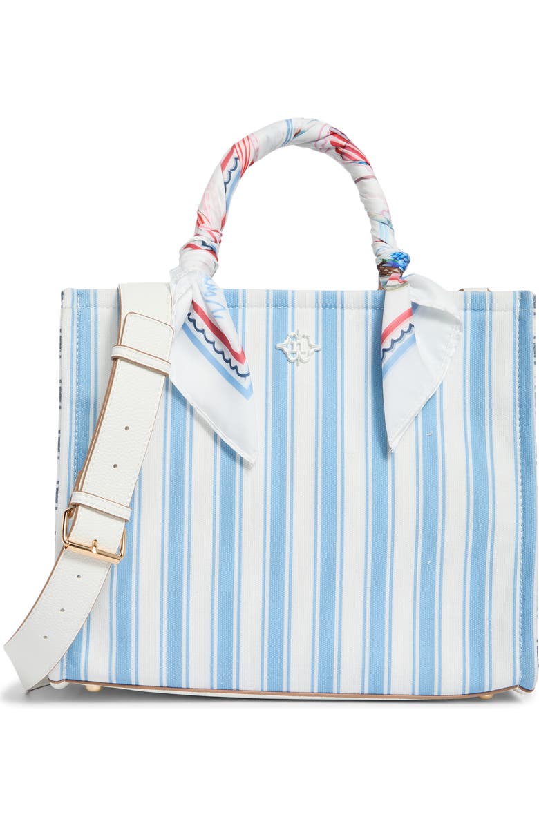 Nanette Lepore Printed Canvas Square Tote Bag, Main, color, Blue Multi Stripe/ Chalk