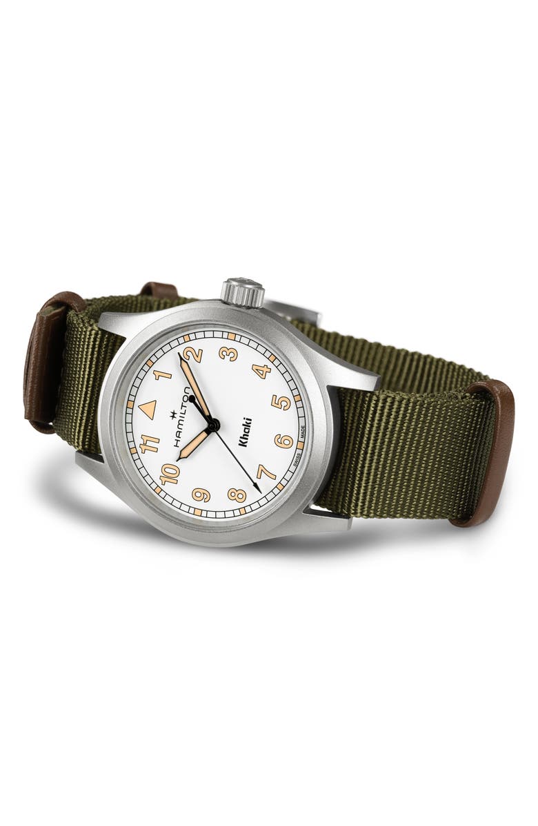 Hamilton Khaki Field NATO Strap Watch, 38mm, Alternate, color, Green And White