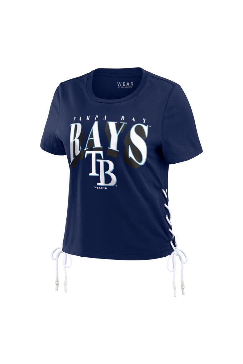Women's WEAR by Erin Andrews Navy Tampa Bay Rays Side Lace-Up Cropped T-Shirt, Alternate, color, Navy