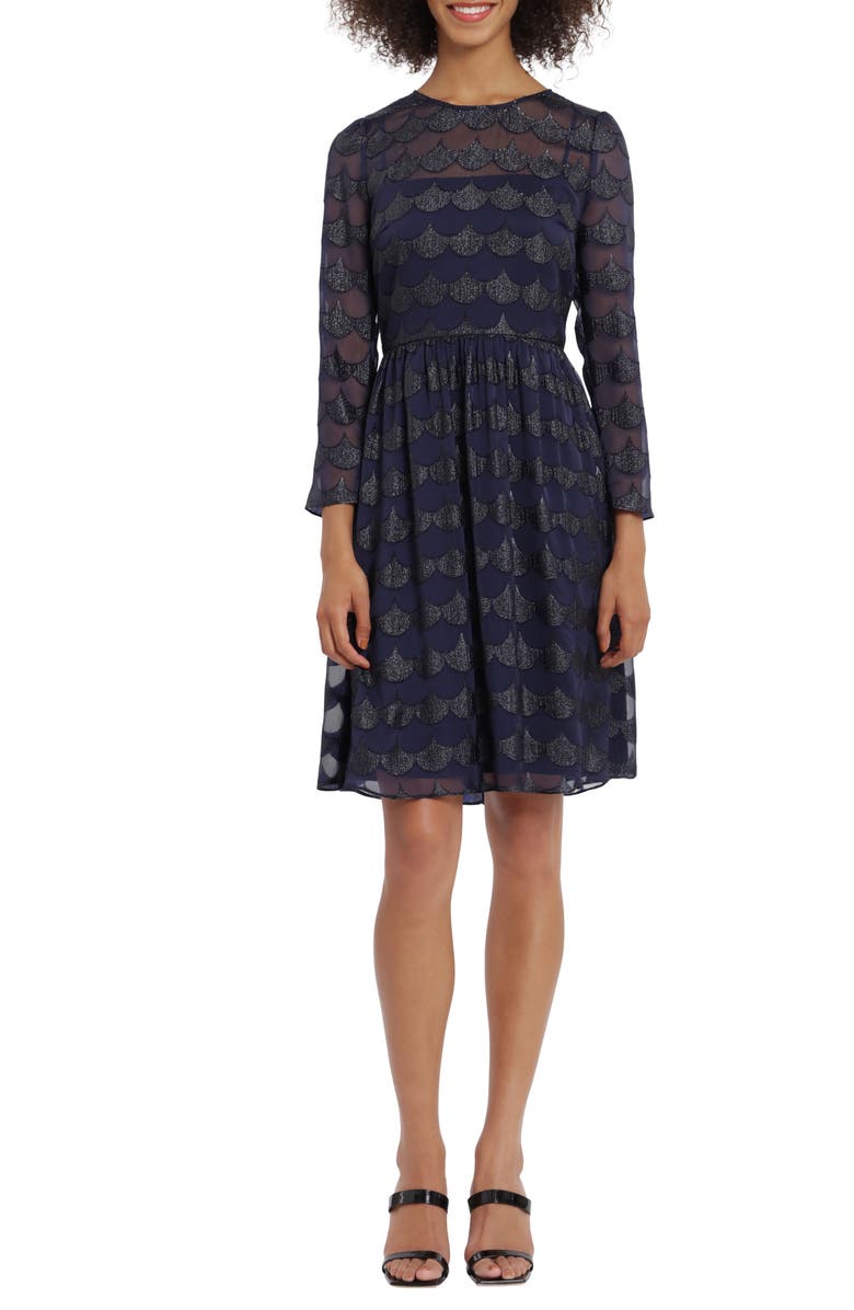 Maggy London Scallop Burnout Long Sleeve Dress, Main, color, Navy