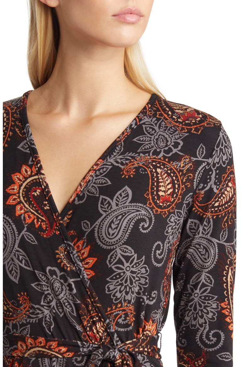 Paisley Long Sleeve Faux Wrap Dress, Alternate, color, BLACK