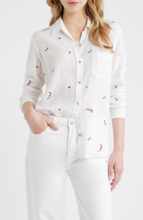 Charli Embroidered Linen Blend Button-Up Shirt