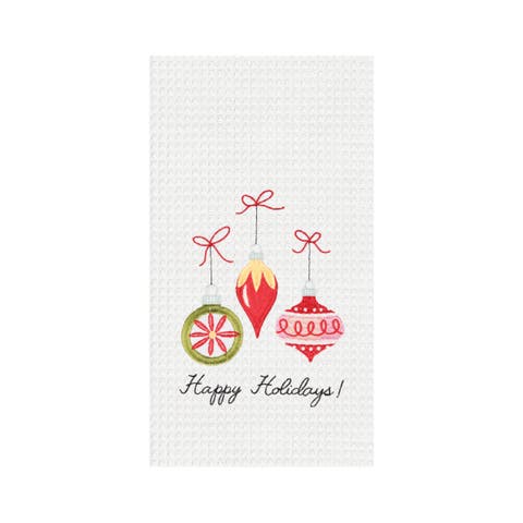 27" x 18" Christmas "Happy Holidays" Sentiment Featuring 3 Ornaments Cotton Embroidered & Waffle Weave Kitchen Dish Towel