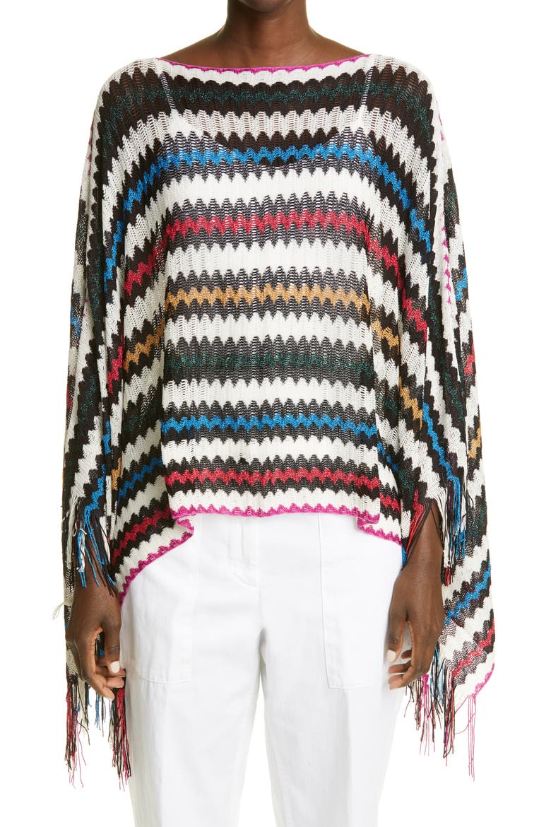 Metallic Stripe Fringe Poncho, Main, color, BLACK MULTI