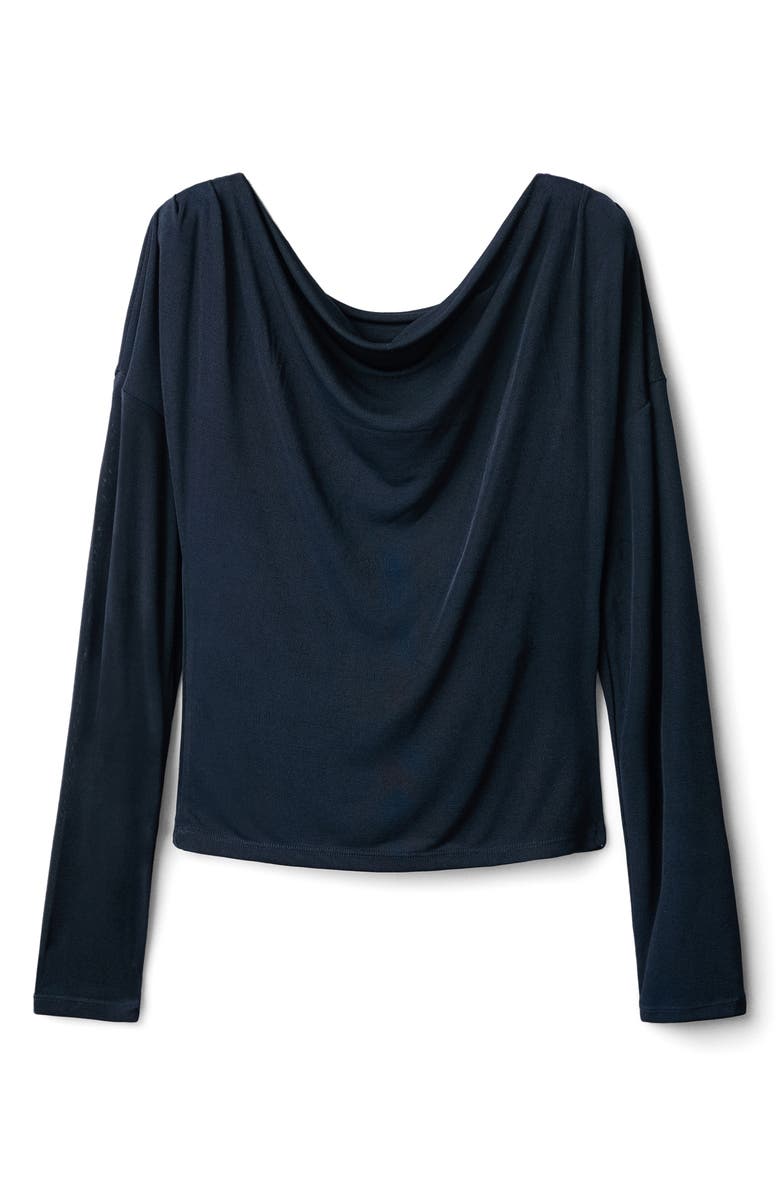 MANGO Metallic Drape Neck Long Sleeve Top, Main, color, Night Blue