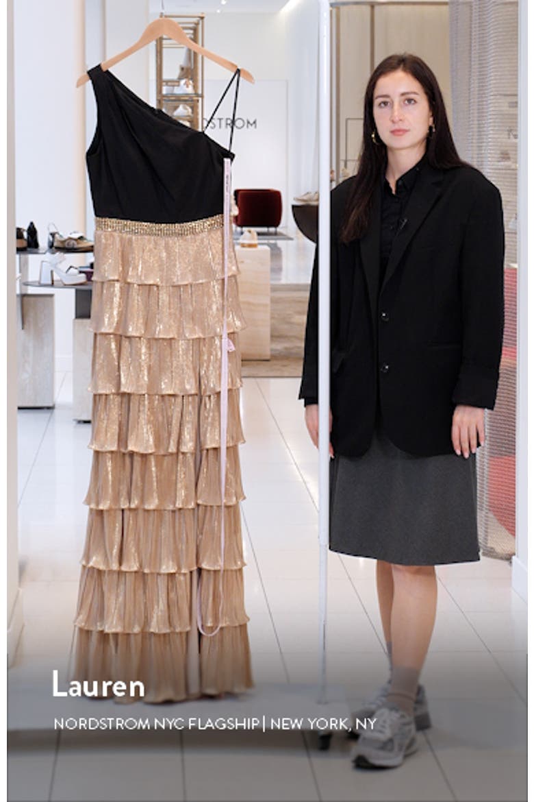 Women's Metallic One Shoulder Ruffle Tiered A Line Gown video